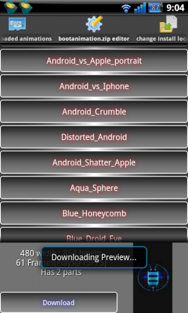 Seznam aplikací s náhledem v app Boot Animation Installer.