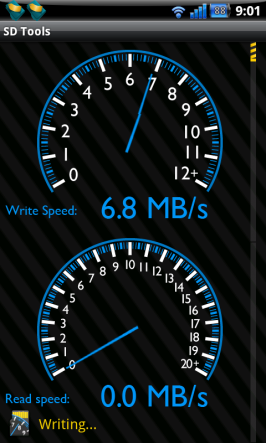Měření rychlosti zápisu na kartu v app SD Tools.