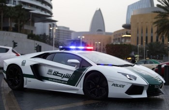 A Lamborghini Aventador, a model used by Dubai police, is seen on patrol in Dubai